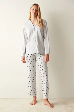 Kahve Baskılı Gömlek Pantolon Pijama Takımı